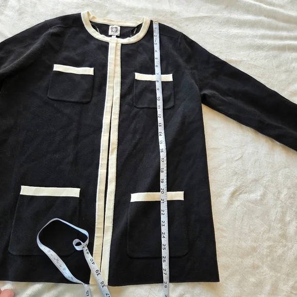 Anne KleinTipped Patch-Pocket Cardigan Women's Medium Black Open Front - Picture 14 of 15